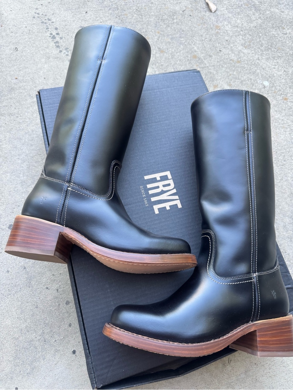 Frye Black Leather Mid-Calf Boots with Brown Stacked Heel